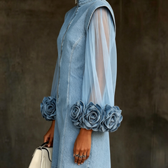 Women's Mini Dress | Denim Zip Collar Sheer Sleeves Rosette Cuffs