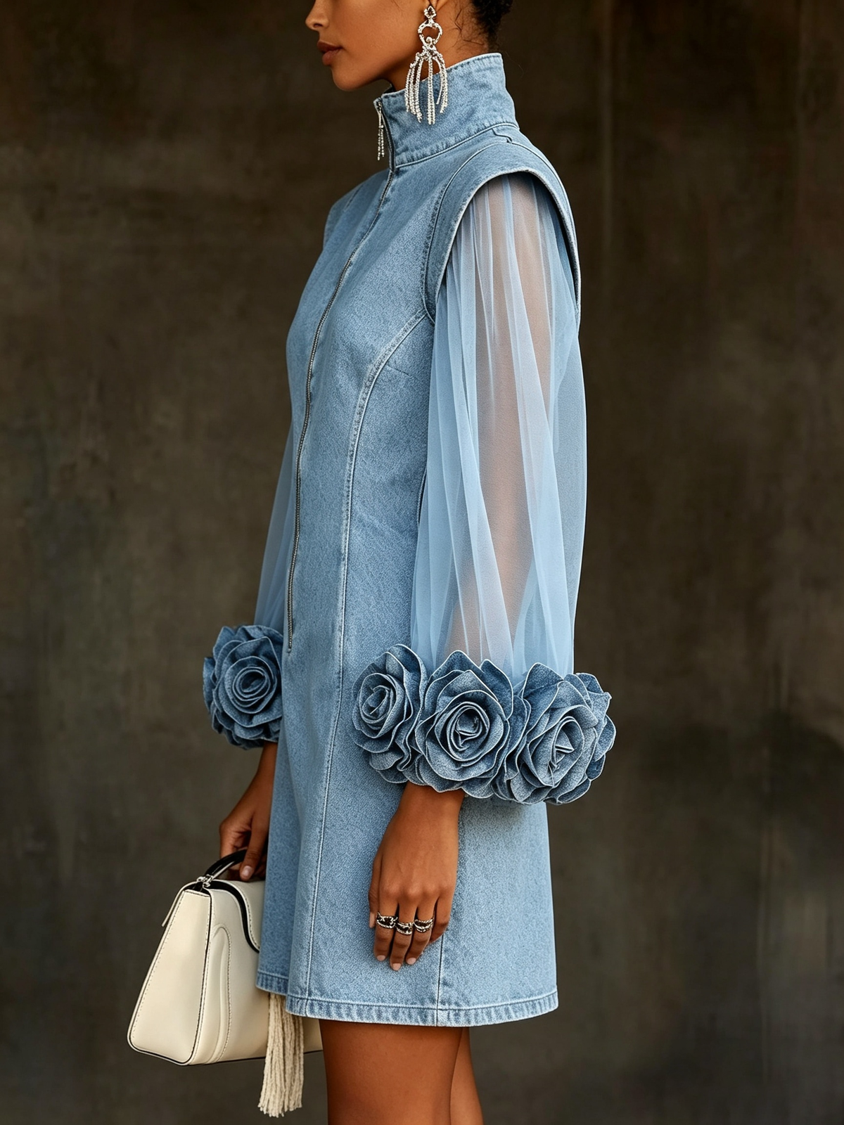 Women's Mini Dress | Denim Zip Collar Sheer Sleeves Rosette Cuffs