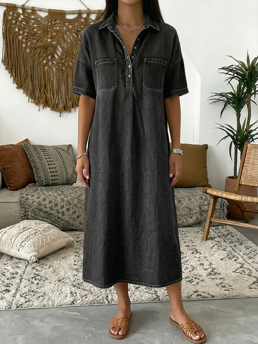Women's Denim Dress | Midi Length Polo Collar Short Sleeve Denim