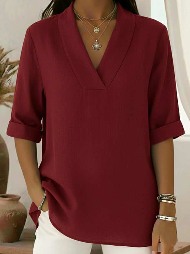 Women's Red Top | V Neck Three Quarter Sleeve Tunic