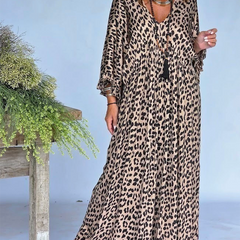 Women's Leopard Print Dress | Maxi V-Neck Long Sleeve Loose