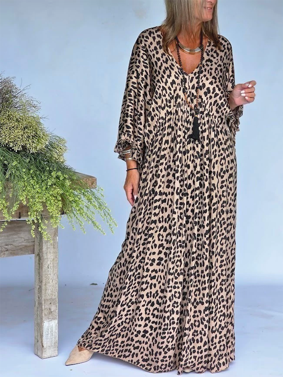 Women's Leopard Print Dress | Maxi V-Neck Long Sleeve Loose
