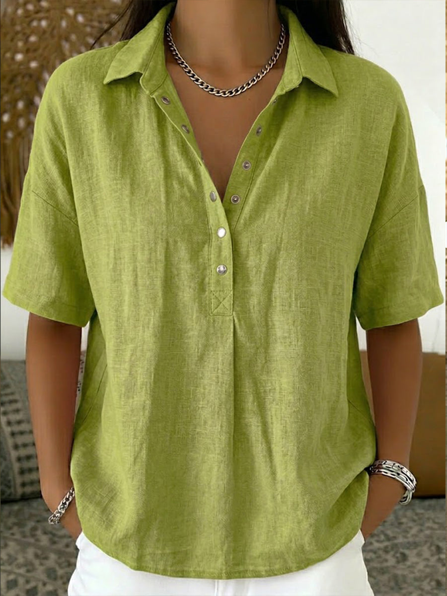 Women's Summer Top | Polo Collar Short Sleeve Cotton Linen
