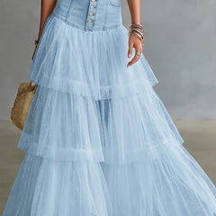 Women's Denim Skirt | Maxi Length Tiered Mesh Button Front