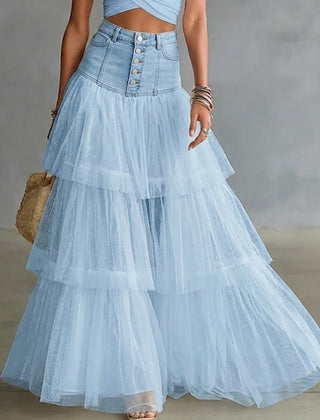 Women's Denim Skirt | Maxi Length Tiered Mesh Button Front