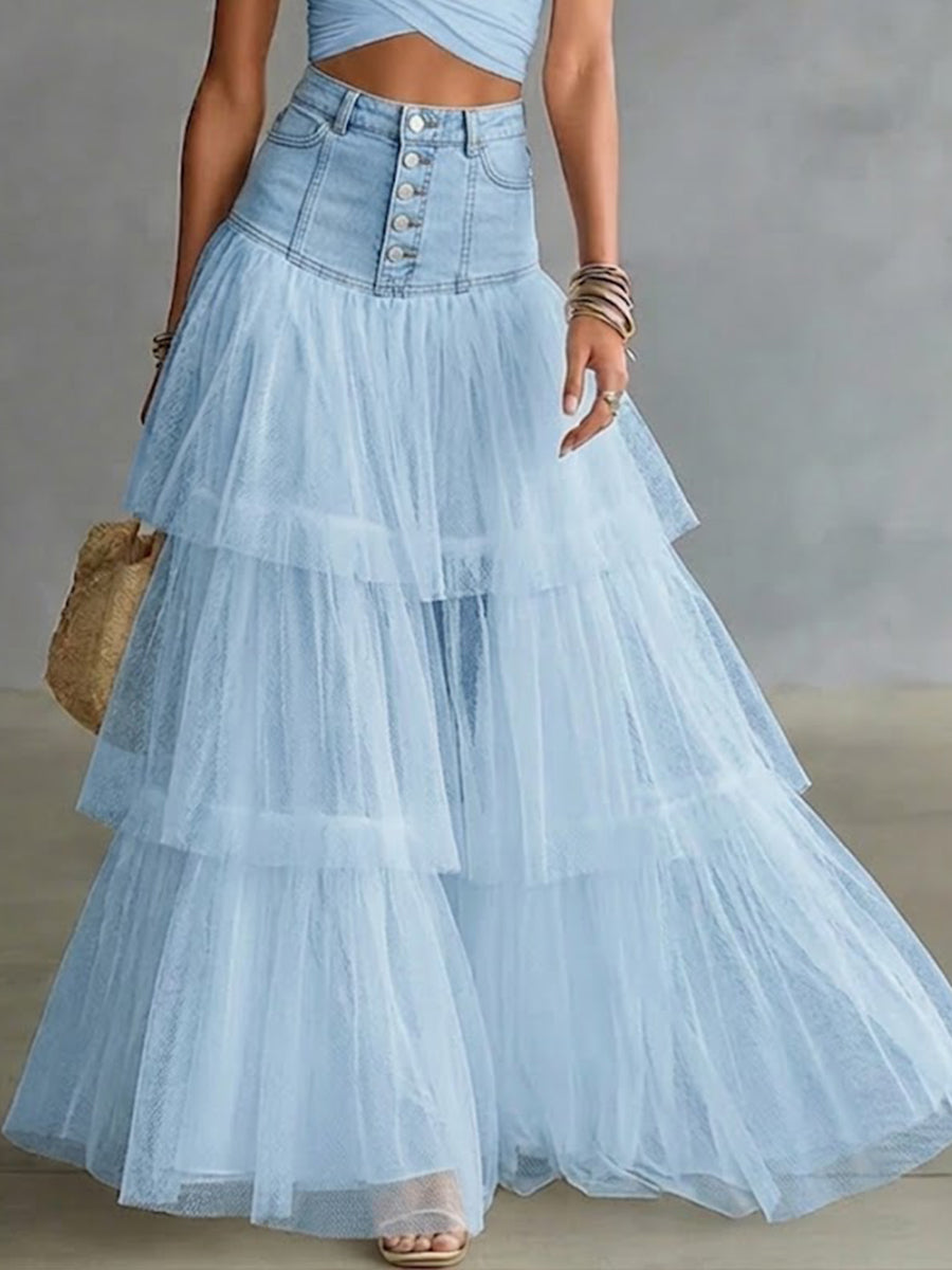 Women's Denim Skirt | Maxi Length Tiered Mesh Button Front