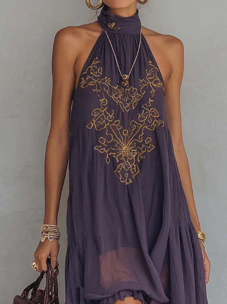 Women's Halterneck Dress | Maxi Irregular Ruffle V-Collar Sleeveless