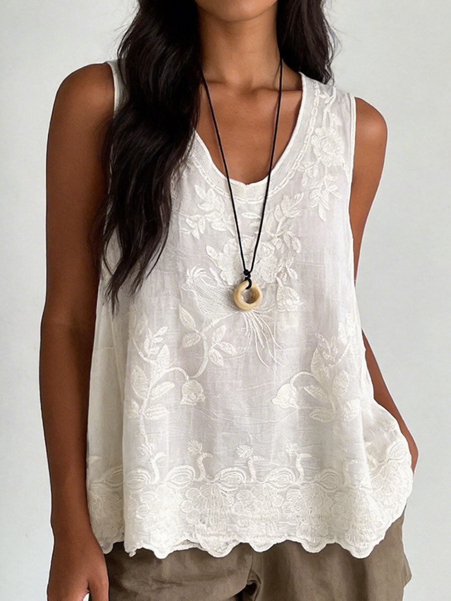 Women's White Top | V-Neck Sleeveless Lace Scalloped Hem