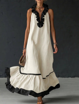 Women's Cocktail Dress | Maxi Ruffle Hem Sleeveless Linen