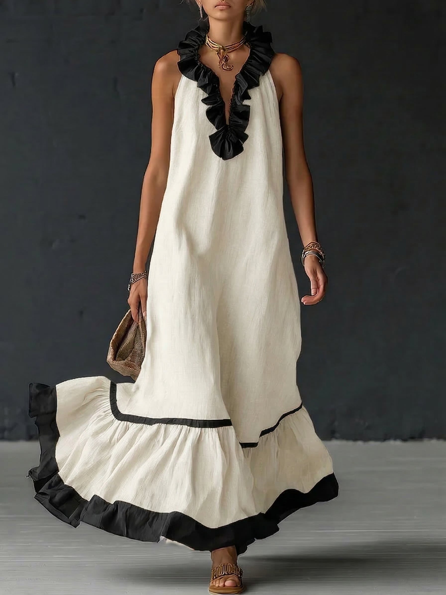 Women's Cocktail Dress | Maxi Ruffle Hem Sleeveless Linen