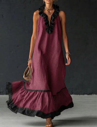 Women's Cocktail Dress | Maxi Ruffle Hem Sleeveless Linen