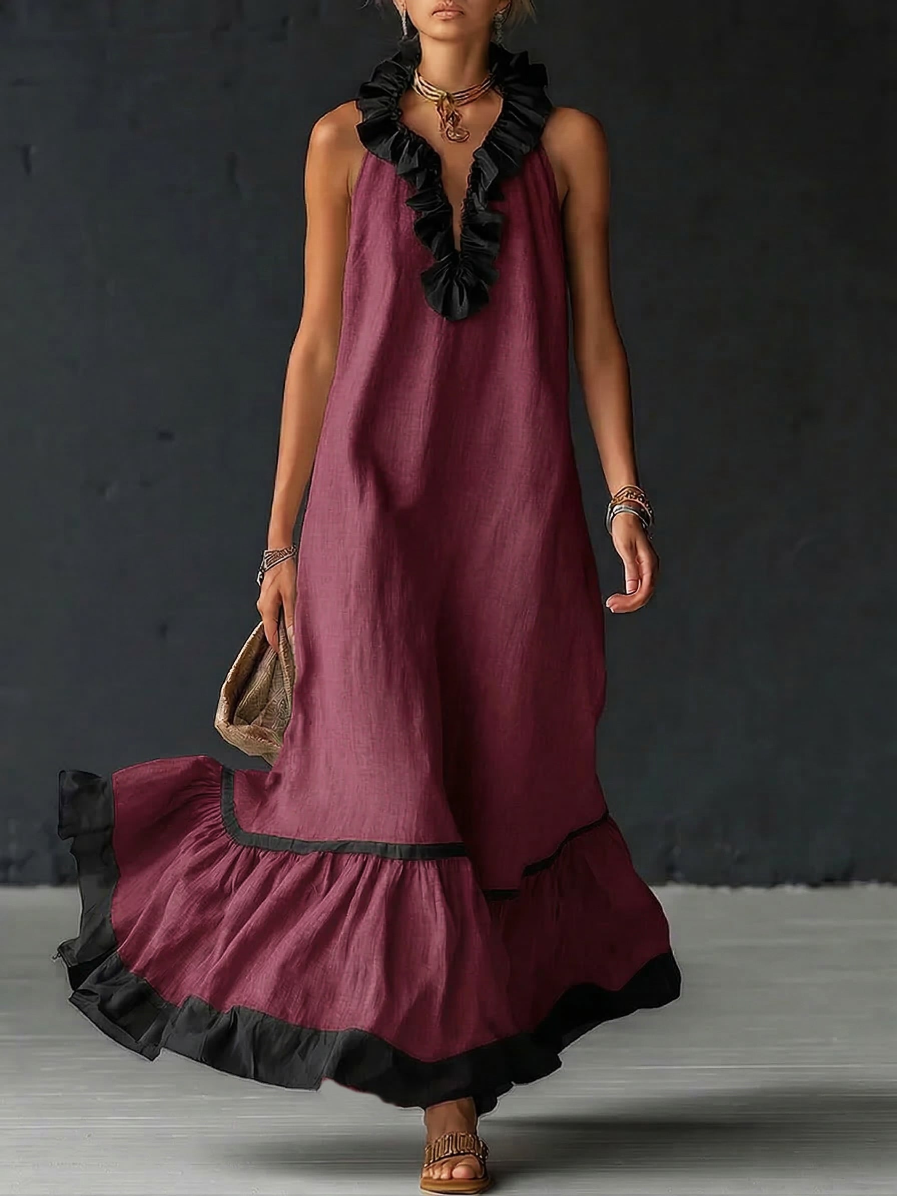 Women's Cocktail Dress | Maxi Ruffle Hem Sleeveless Linen