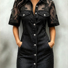 Women's Denim Mini Dress | Collared Short Sleeve Button Closure