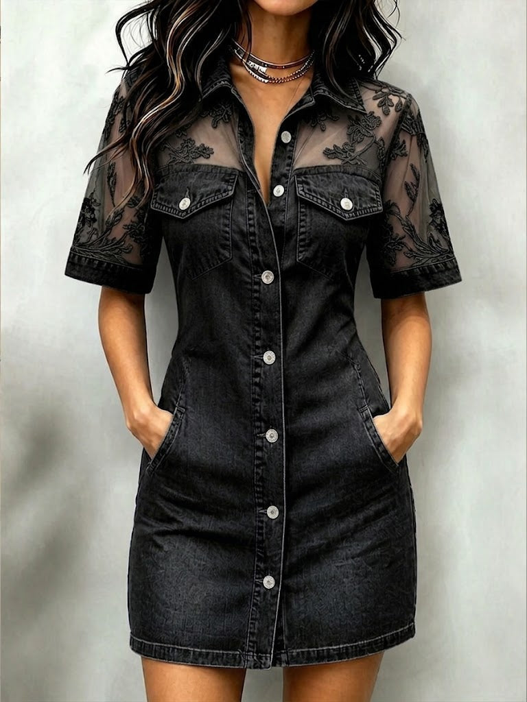 Women's Denim Mini Dress | Collared Short Sleeve Button Closure
