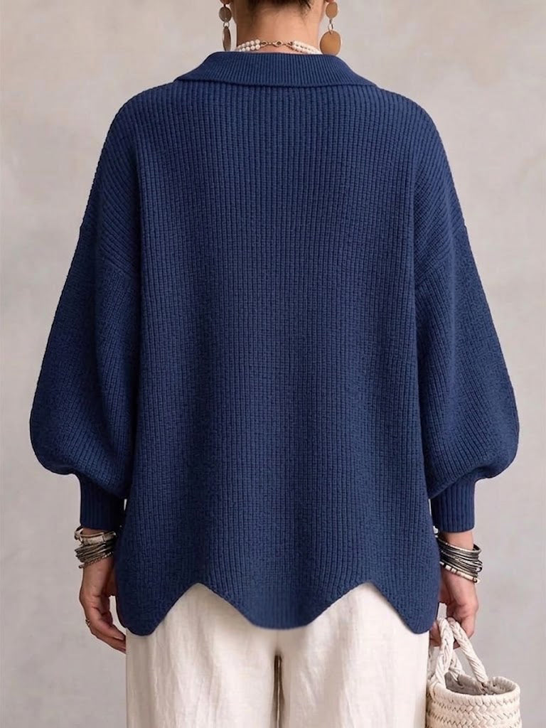 Women's Cardigan | Oversized Lantern Sleeves Scalloped Hem Button Closure