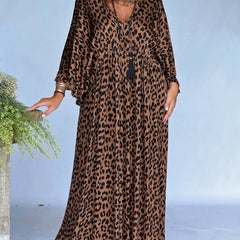 Women's Leopard Print Dress | Maxi V-Neck Long Sleeve Loose