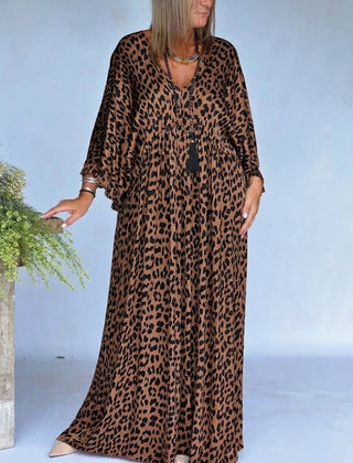 Women's Leopard Print Dress | Maxi V-Neck Long Sleeve Loose
