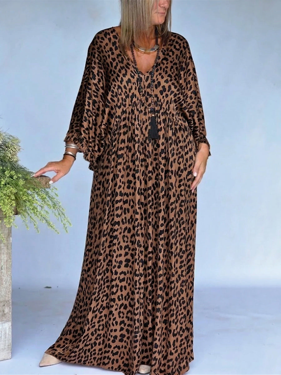 Women's Leopard Print Dress | Maxi V-Neck Long Sleeve Loose