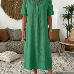 Women's Summer Dress | Midi Collar Short Sleeve Linen