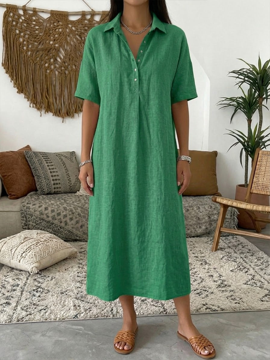 Women's Summer Dress | Midi Collar Short Sleeve Linen