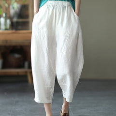 Women's Linen Pants | Elastic Waist Cropped Wide Leg