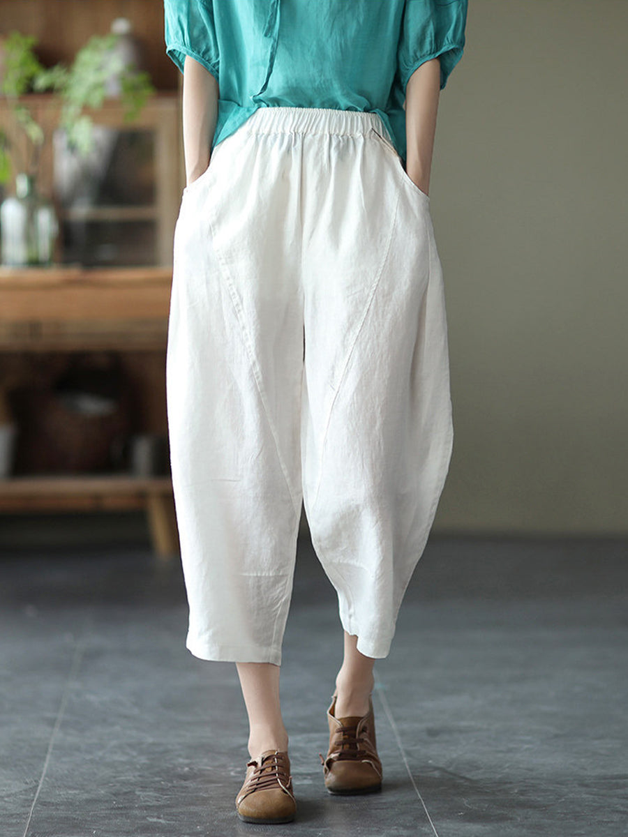 Women's Linen Pants | Elastic Waist Cropped Wide Leg