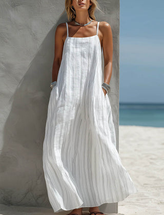 Women's Sundress | Maxi Length Sleeveless Striped Linen