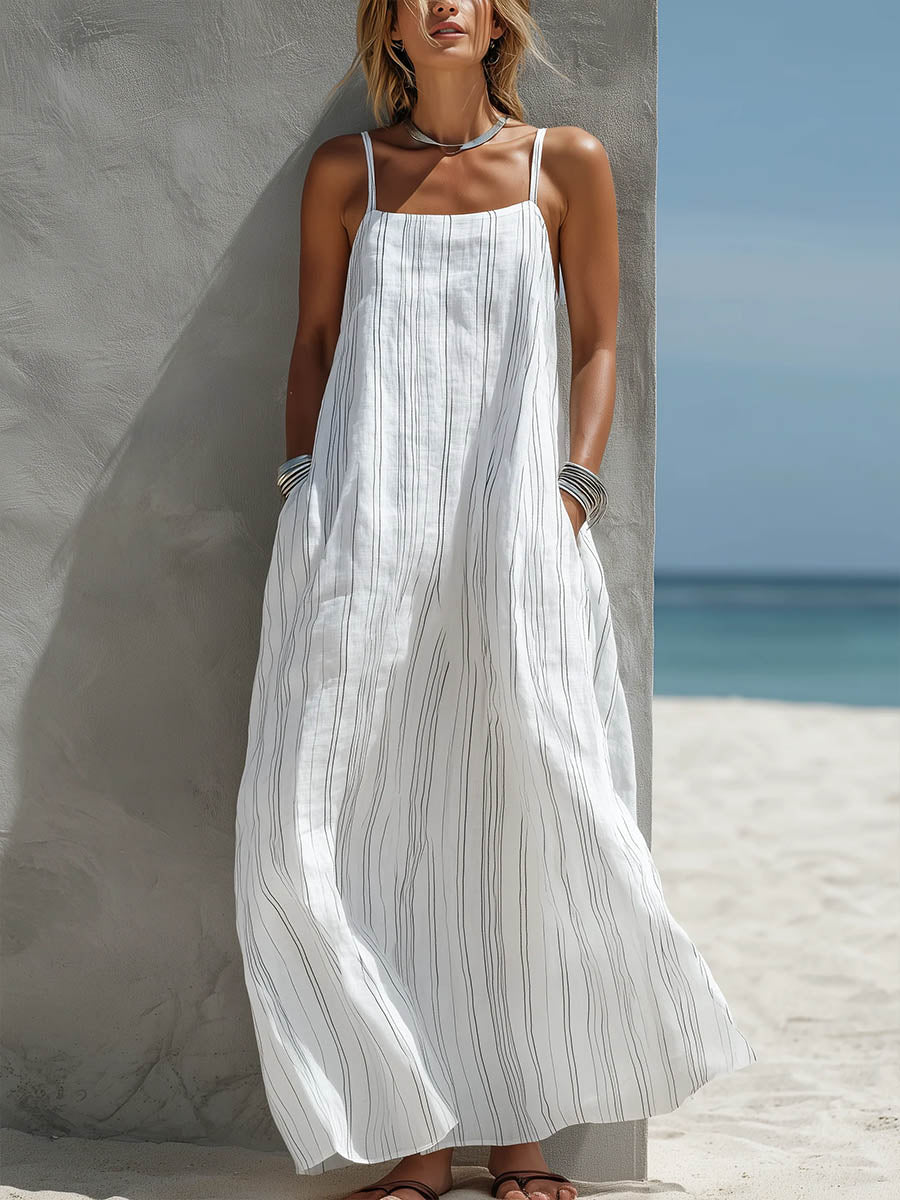 Women's Sundress | Maxi Length Sleeveless Striped Linen