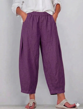 Women's Linen Pants | Elastic Waist Cropped Wide Leg