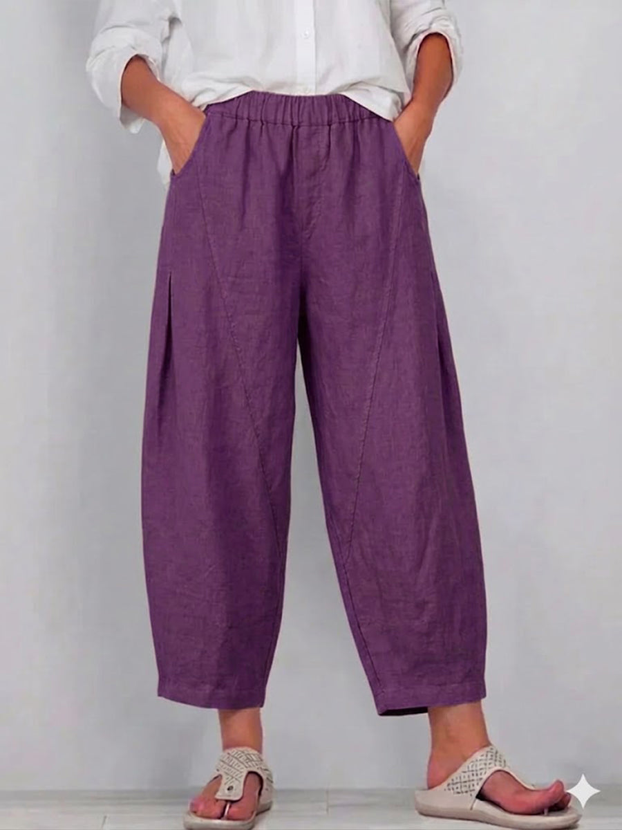 Women's Linen Pants | Elastic Waist Cropped Wide Leg