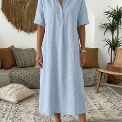 Women's Summer Dress | Midi Collar Short Sleeve Linen