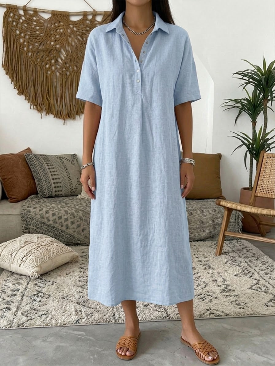 Women's Summer Dress | Midi Collar Short Sleeve Linen