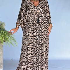 Women's Leopard Print Dress | Maxi V-Neck Long Sleeve Loose
