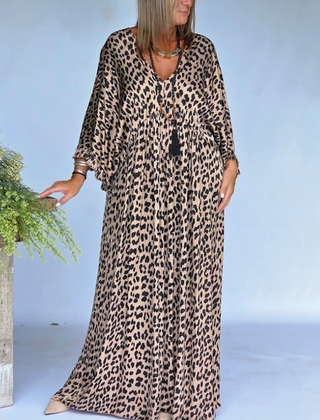 Women's Leopard Print Dress | Maxi V-Neck Long Sleeve Loose