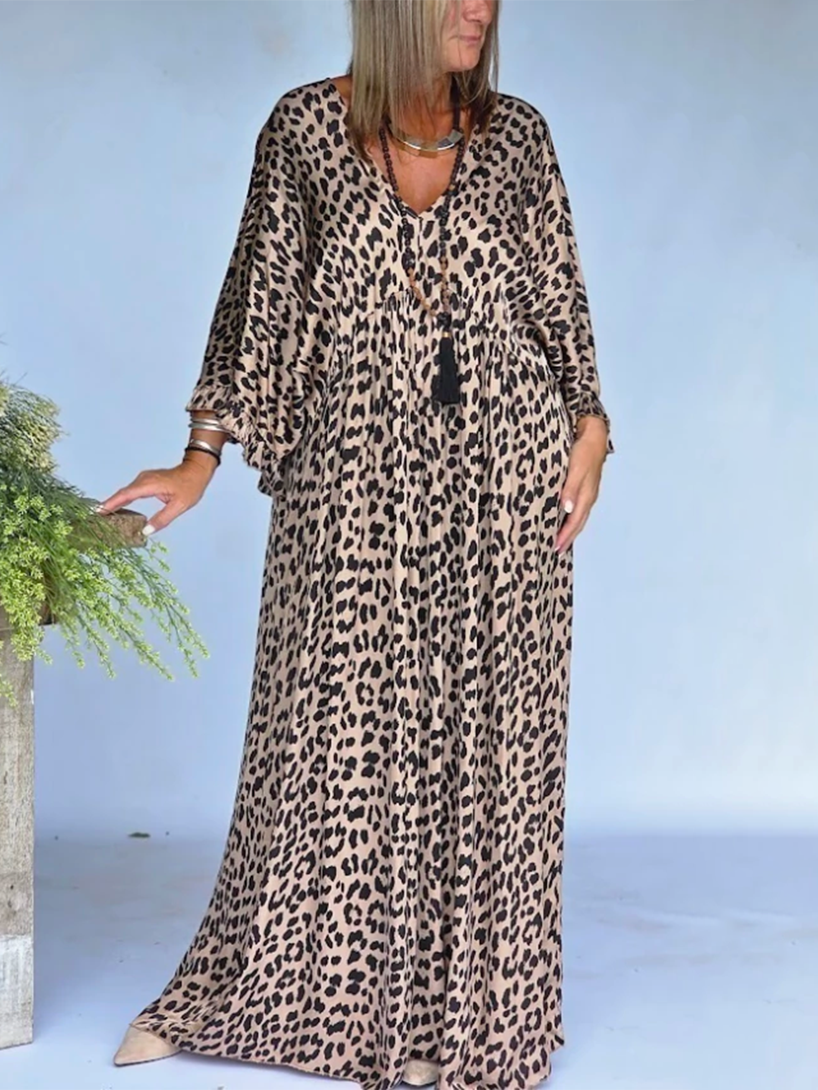 Women's Leopard Print Dress | Maxi V-Neck Long Sleeve Loose
