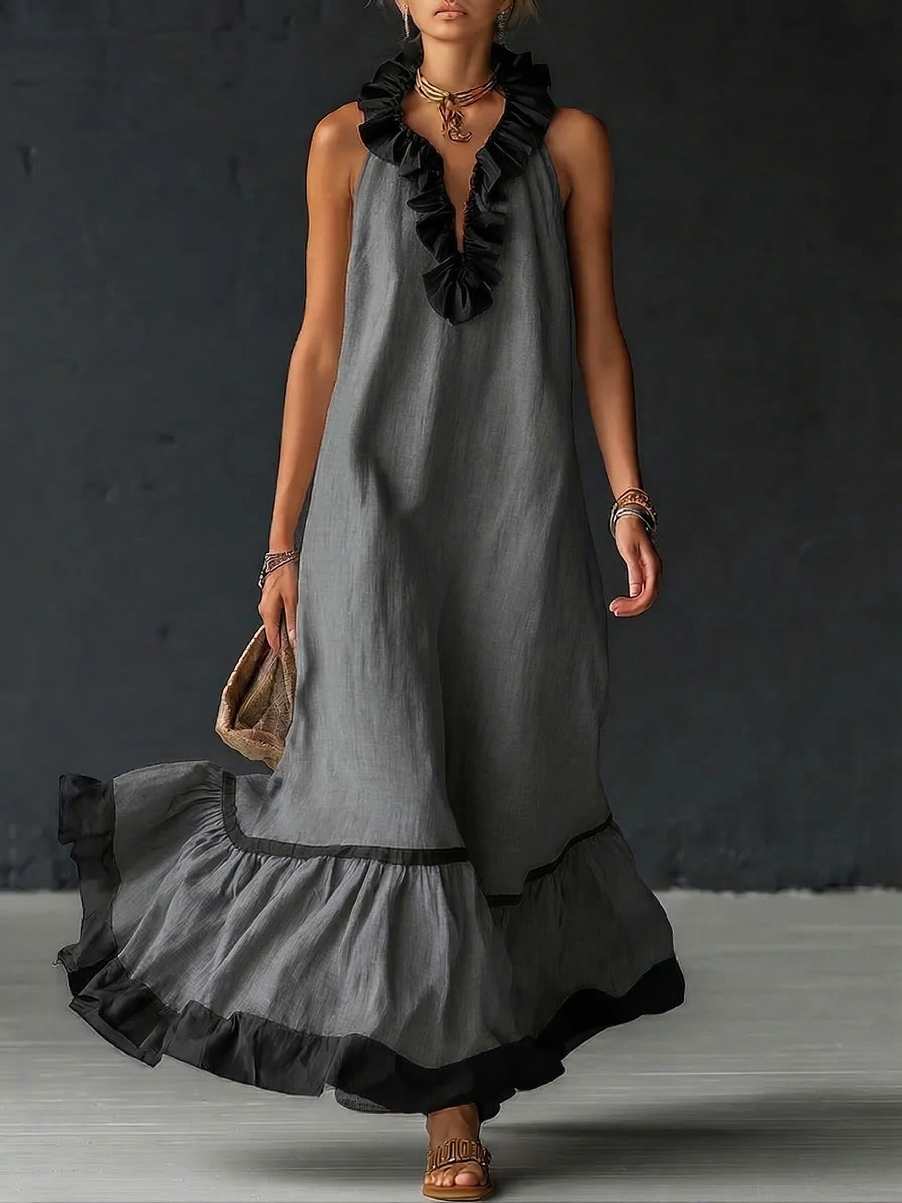 Women's Cocktail Dress | Maxi Ruffle Hem Sleeveless Linen