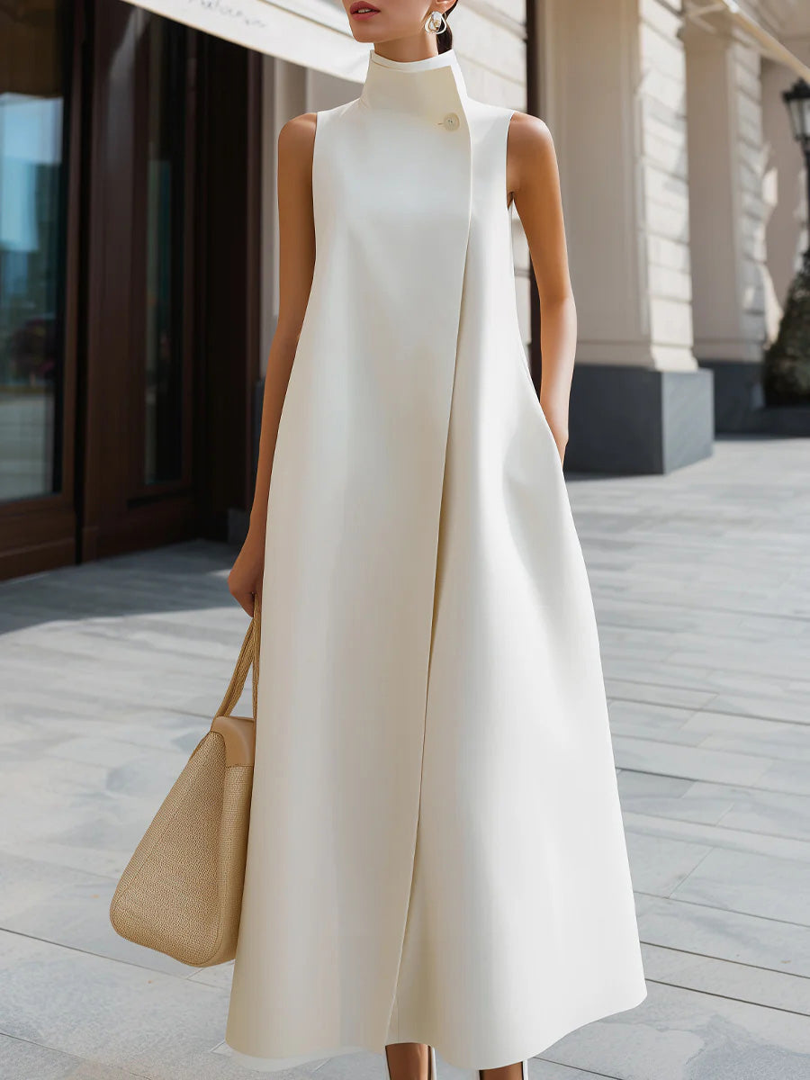 Women's Linen Dress | High Neckline Sleeveless Maxi A-Line
