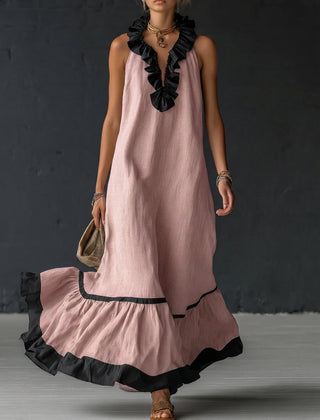 Women's Cocktail Dress | Maxi Ruffle Hem Sleeveless Linen