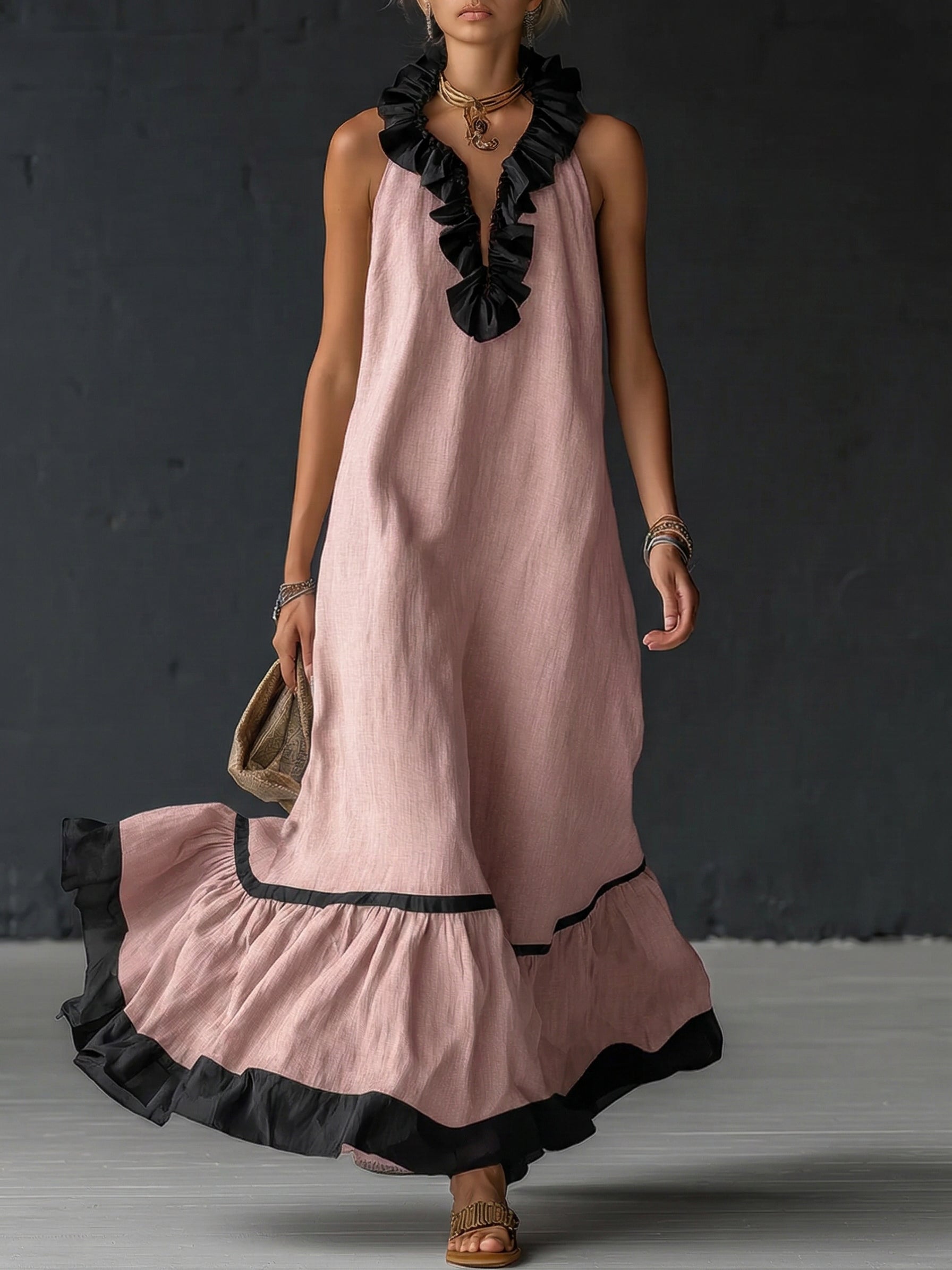 Women's Cocktail Dress | Maxi Ruffle Hem Sleeveless Linen
