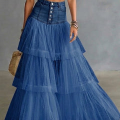 Women's Denim Skirt | Maxi Length Tiered Mesh Button Front