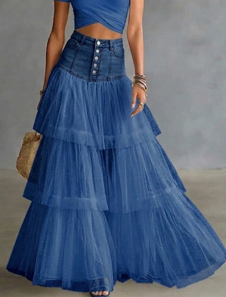 Women's Denim Skirt | Maxi Length Tiered Mesh Button Front