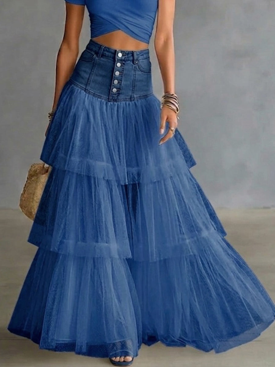 Women's Denim Skirt | Maxi Length Tiered Mesh Button Front