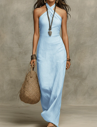 Women's Halterneck Dress | Maxi Length Sleeveless Linen Tie Closure