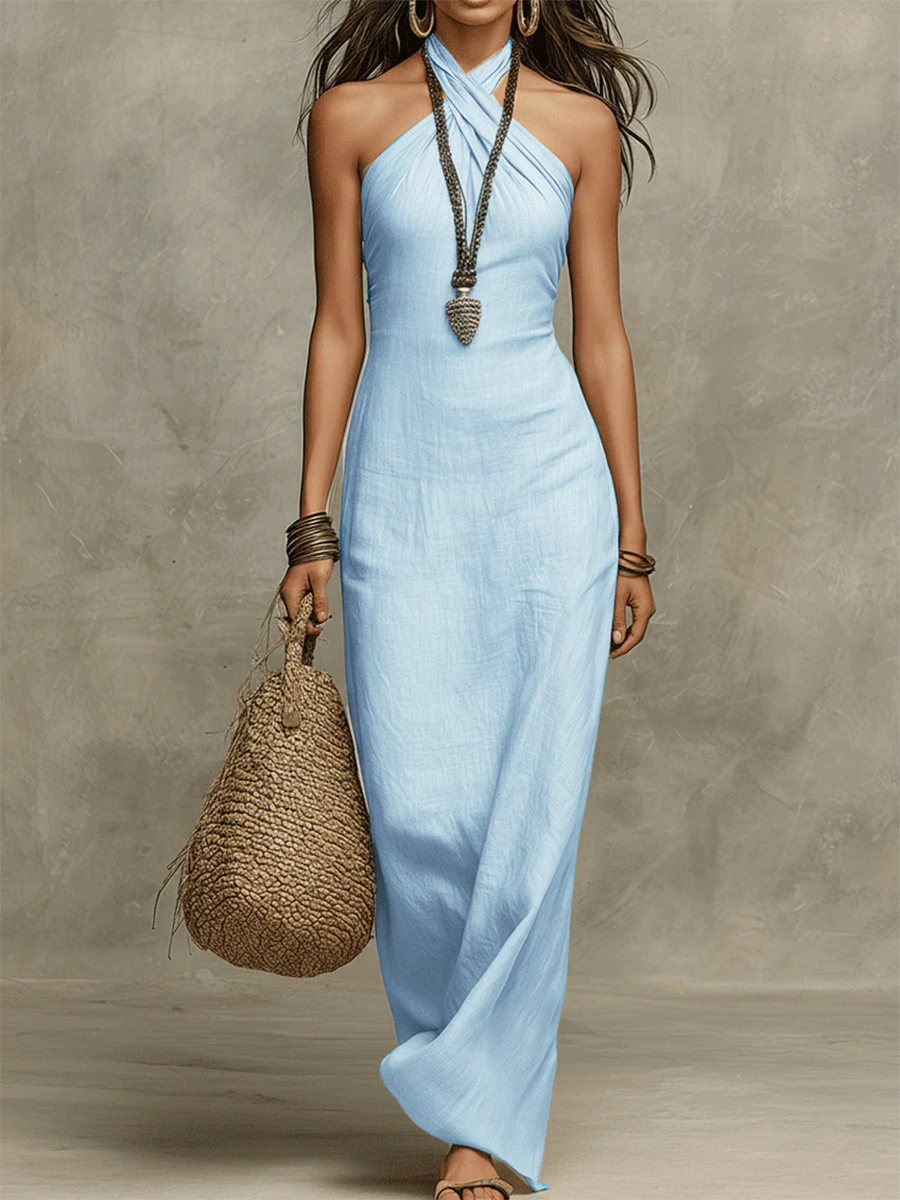 Women's Halterneck Dress | Maxi Length Sleeveless Linen Tie Closure
