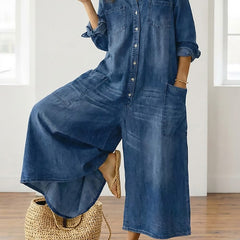 Women's Denim Jumpsuit | Button Front Relaxed Fit Wide Leg