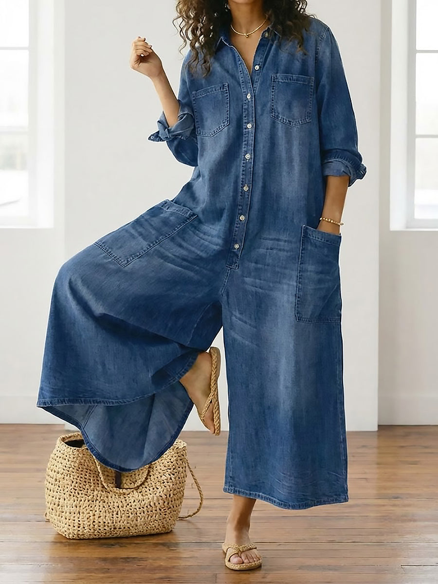 Women's Denim Jumpsuit | Button Front Relaxed Fit Wide Leg