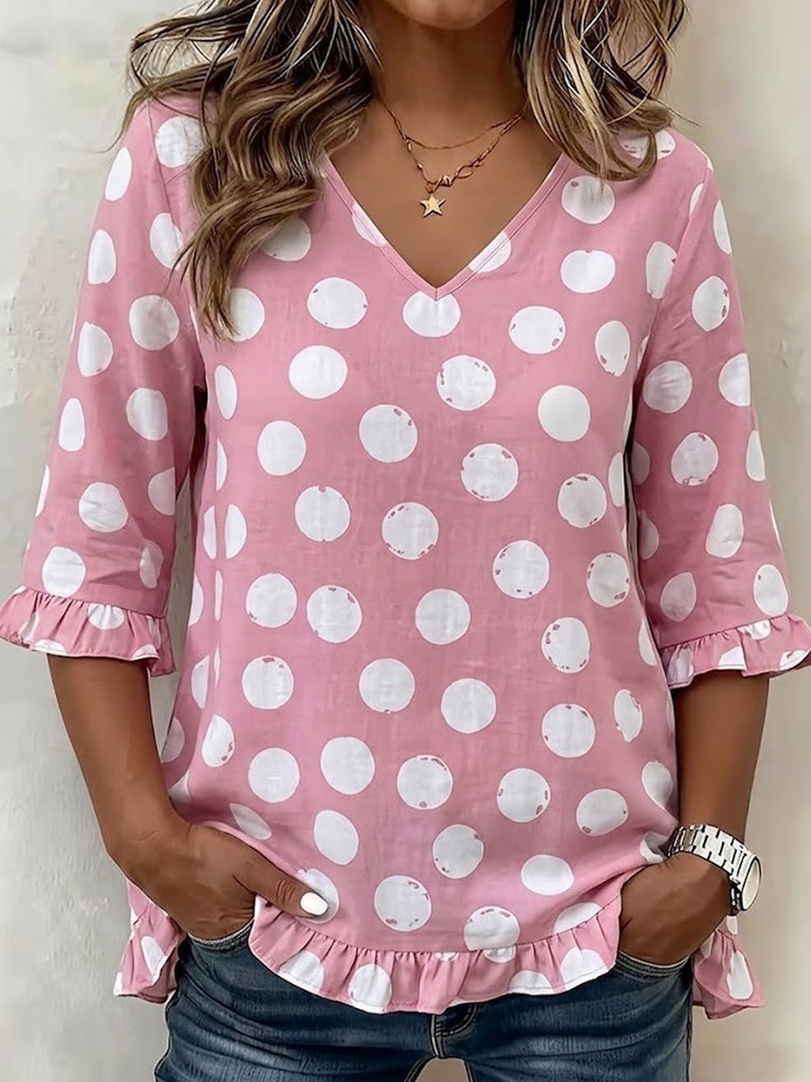 Women's Polka Dot Top | V-Neck Ruffled Linen Sleeve