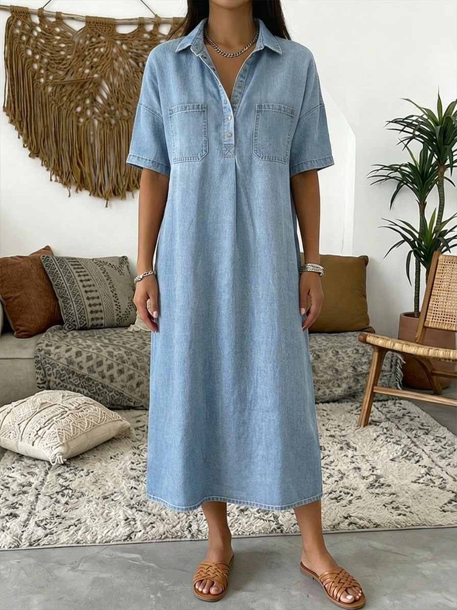 Women's Denim Dress | Midi Length Collared Short Sleeve Button Closure Denim