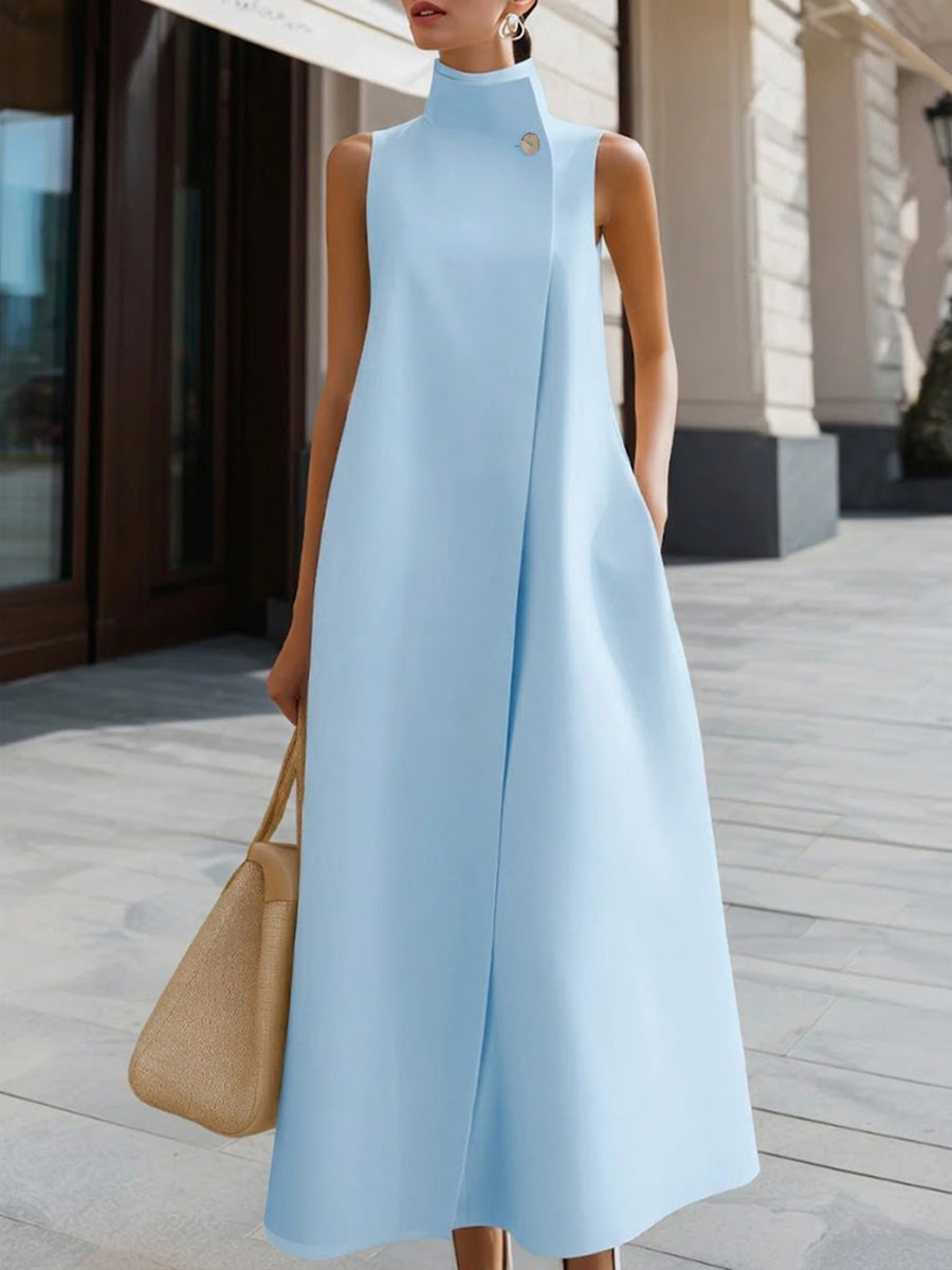 Women's Linen Dress | High Neckline Sleeveless Maxi A-Line