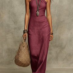 Women's Halterneck Dress | Maxi Length Sleeveless Linen Tie Closure